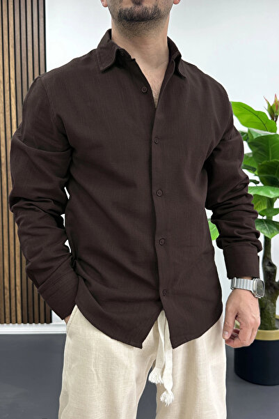 Edwox Men's Cotton Linen Look Shirt Brown Edw444