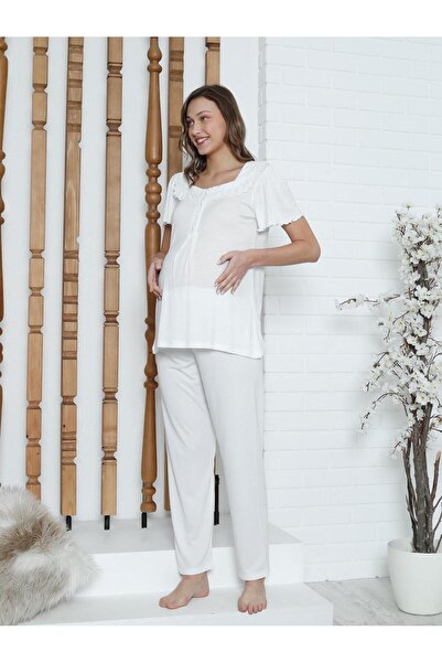 LİMİSSİ imissi oh. Set de pijamale cu guler pătrat și aplicații - Ecru L / XXL