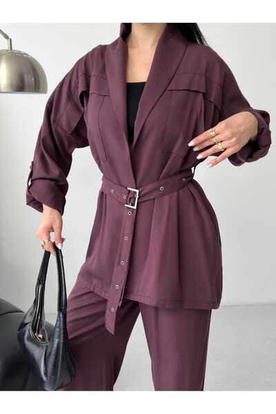Moda İkra Trendy Set Made of a Belted Jacket and Wide-Leg Pants