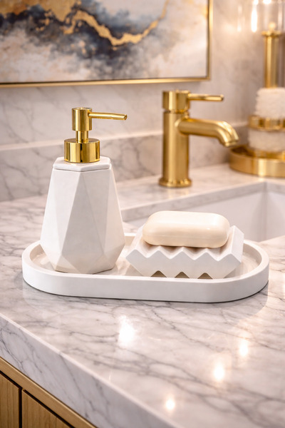 lufen deco Mermer Desenli 3’lü Beton Banyo Wc Seti-Sıvı Katı Sabunluk Tepsi D...