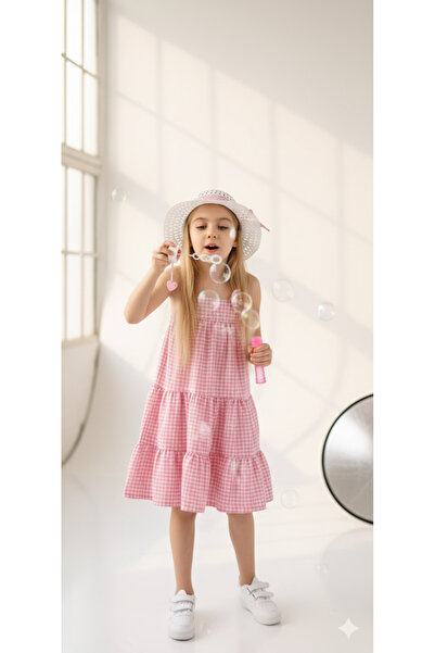 Monila Girl's Gingham Cotton Strap Hat Dress