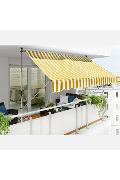 ENLIS Teleskopik Balkon Tentesi 300x130 cm Sarı Beyaz Çizgili Polyester Güneşlik