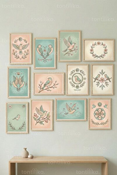 Tontilika 12 Parça Pastel Kuş İllüstrasyonları 2 Renk Seçenekli Dekoratif Çer...