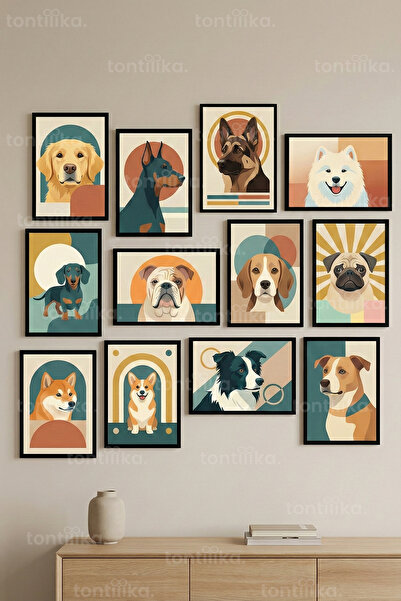 Tontilika 12 Parça Renkli Köpek Portreleri 2 Renk Seçenekli Dekoratif Çerçeve...