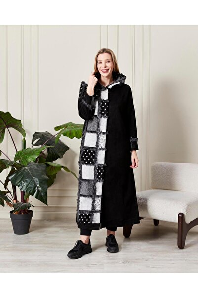 Zer Otantik Hooded Fur Detailed Long Coat Black-White