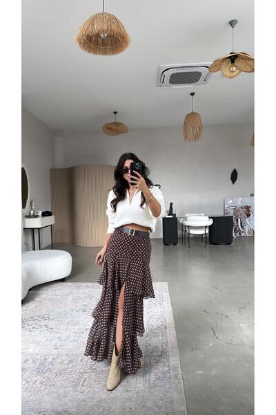 Buket Teke Brown Polka Dot Maxi Layered Skirt with Belt