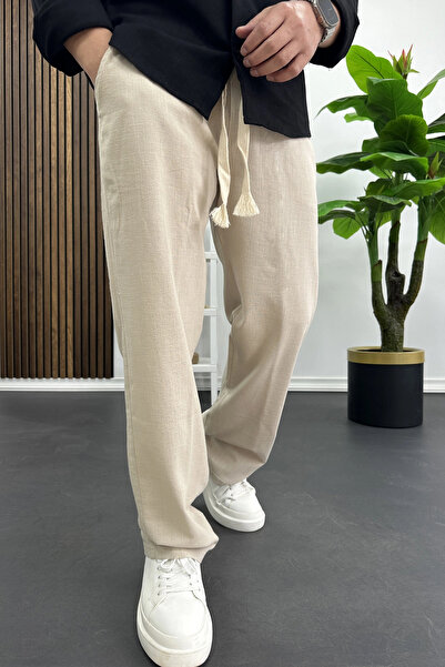 Edwox Pantaloni pentru bărbați cu aspect de bumbac și in, bej Edw443