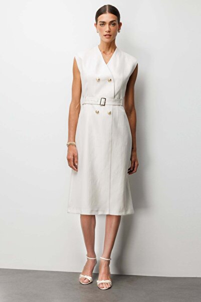 Ekol Beli Kuşaklı Süs Düğmeli Midi Elbise