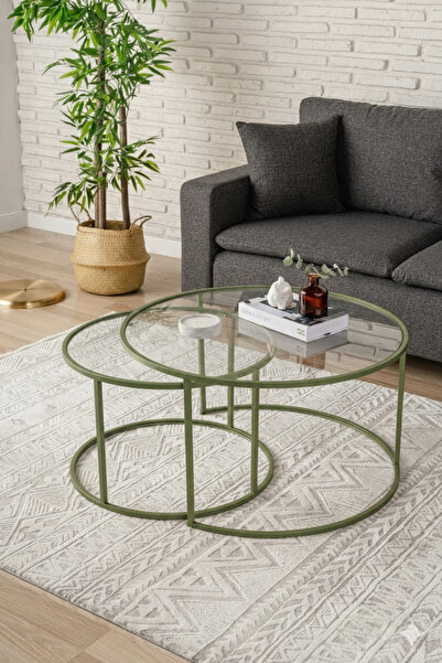 DEKOPRATİK Belarus Orta Sehpa Ikili Şeffaf Camlı Mint Yeşili 60cm