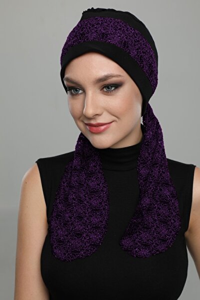 elysianfidan Bandana Buklet cu legături, negru, violet, turban gata, hijab, ș...