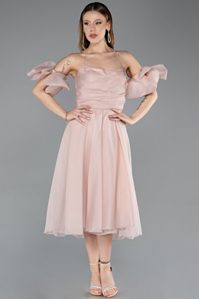 Abiyefon Pudra Kol Aksesuarlı Midi Tafta Mezuniyet Elbisesi ABK2290