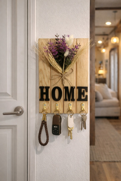 Trend Kitchen منظم مفاتيح خشبي مزخرف للمنزل من هوم فلورا مع زهور صناعية مكتوب...