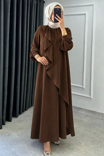 Tesettür Diyarı Mihri Κρεπ Υφασμάτινο Φόρεμα Τεσεττούρ- Καφέ Πικρό