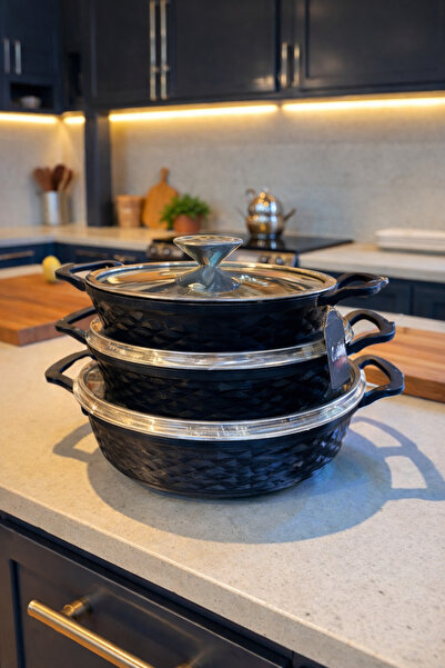 Ardore Set of 6 Granite Pans with Glass Lid Cast Black 18-20-22 cm