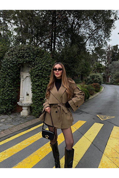 Laluvia Karamel Oversize Off-Shoulder Short Trench - 9580