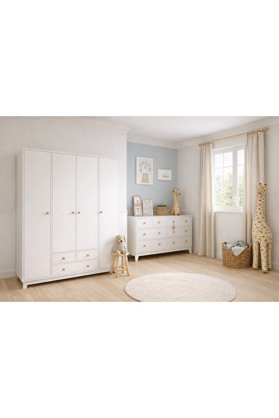 Koza %100 MDF Bonnie 4 Kapılı Gardırop & Bonnie 8 Çekmeceli Şifonyer