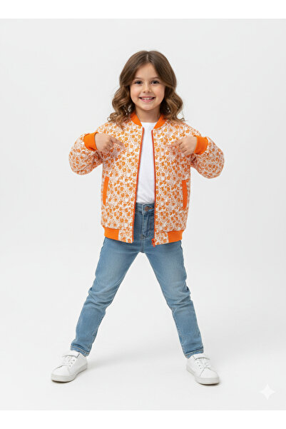 Momivi Kids Kız Çocuk Çiçek Desenli Kapitone Bomber Ceket Mevsimlik Mont