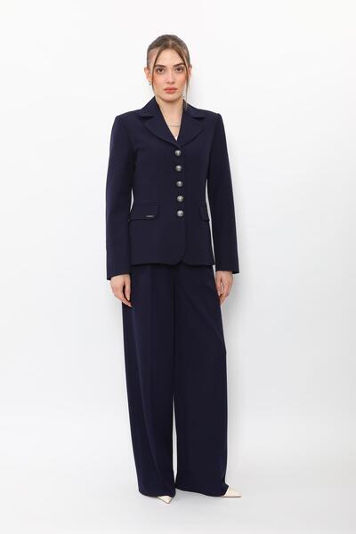 ÖNDER ÖZSOY Baby Collar Buttoned Classic Jacket & Classic Palazzo Women's Tro...