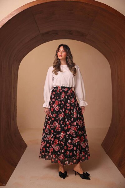 VOICTEC Elastic Waist Lined Floral Patterned Lace Skirt