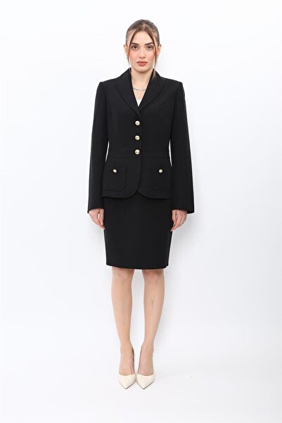 ÖNDER ÖZSOY سترة رياضية بياقة شال وجيب وتنورة قصيرة ضيقة بفتحة صغيرة للنساء -...