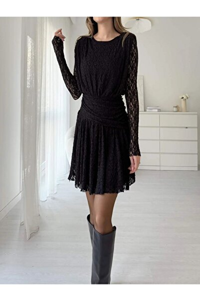 MİRVE BUTİK DANTELLİ, DRAPELİ, ASTARLI MİNİ ELBİSE
