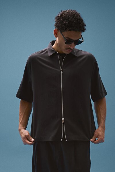 Bershka Kısa kollu boxy fit dökümlü gömlek