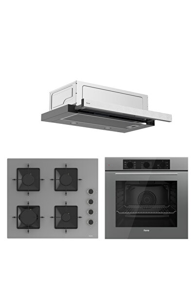 Ferre QBL62CPR - SS208 -D038 60 cm Gri Cam Turbolu Aspiratörlü Ankastre Set -...