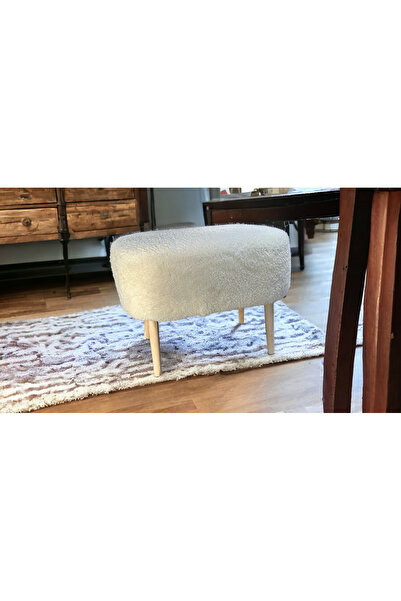 Lunera Mobilya LN Gürgen ahşap kırık beyaz pofidik teddy oval puf