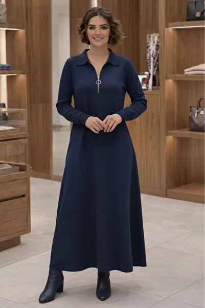 Nevin Kaya Moda Тъмносиня елегантна рокля от модал с цип