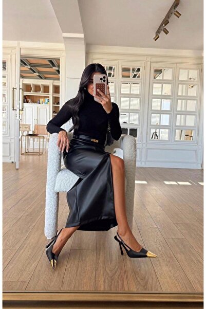 MODA Deri Etek Önden Yırtmaçlı Siyah