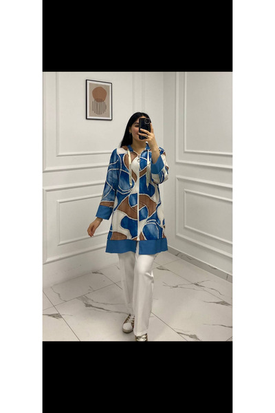 Furkan Giyim Butik keten fermuarlı mavi ceket