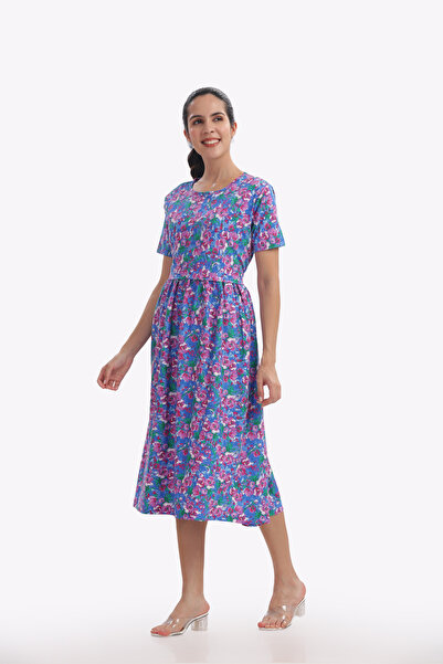 KIDONUS Blue Pink Floral Print Zipless Feeding Frock