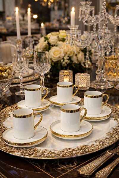isra kristal Modern Gold Porcelain Turkish Coffee Cup Set - 6 Piece Gold Cup