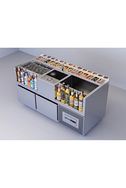 LUNNA ENDÜSTRİYEL KOKTEYL HAZIRLIK TEZGAHI 200*70*30 EVYELİ BUZ HAZNELİ RİNSE...