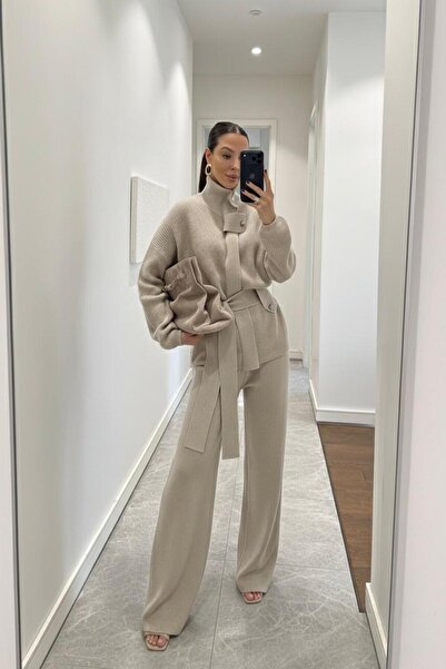 sinemkivanc co Mock Neck Piece Belted Knitwear Set Plum - Claret Red