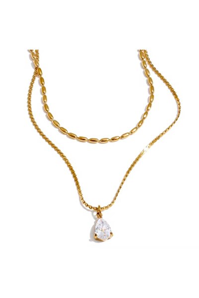 VİYA 18 Ayar Altın Kaplama Damla Taş Çift Sıra Gold Kolye – Premium Zarif Model