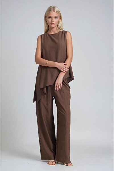 Lijuri Asymmetrical Cut Top Blouse and Comfortable Trousers Set 10319