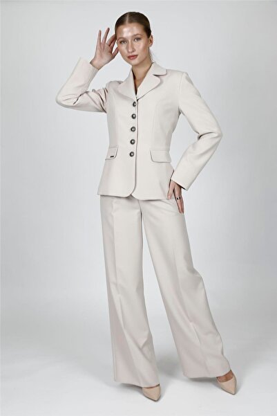 ÖNDER ÖZSOY Baby Collar Buttoned Classic Jacket & Classic Palazzo Women's Tro...