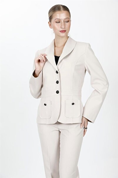 ÖNDER ÖZSOY Shawl Collar Pocketed Sports Women's Jacket-Beige