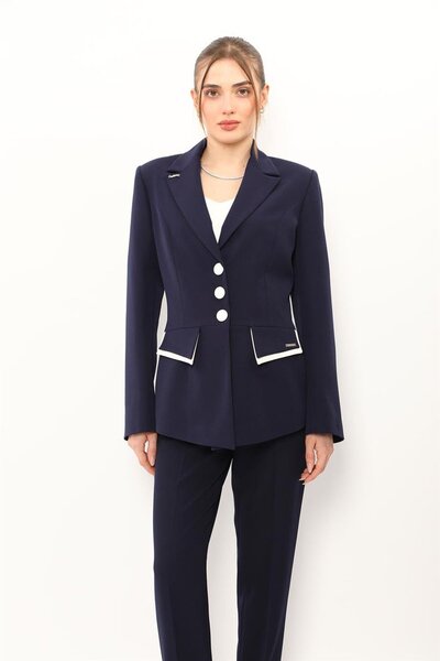 ÖNDER ÖZSOY Garnili Men's Collar Model Women's Jacket - Navy Blue