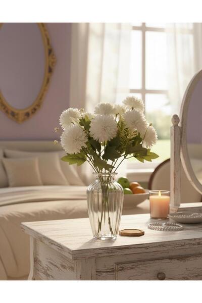 YAPAY ÇİÇEK DERYASI 9 Branches of White Chrysanthemum and Holly Detailed Deco...