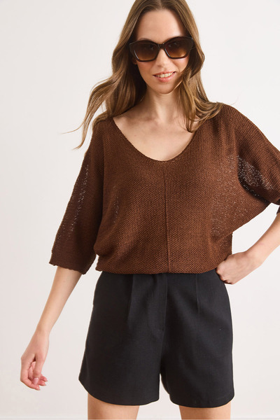 Olalook Women's Bitter Coffee V-Neck Mercerized Bat Draped Knitwear Blouse Bl...