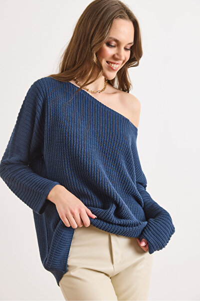 Olalook Women's Indigo Boat Neck Thessaloniki Knitwear Sweater Kzk-19001157