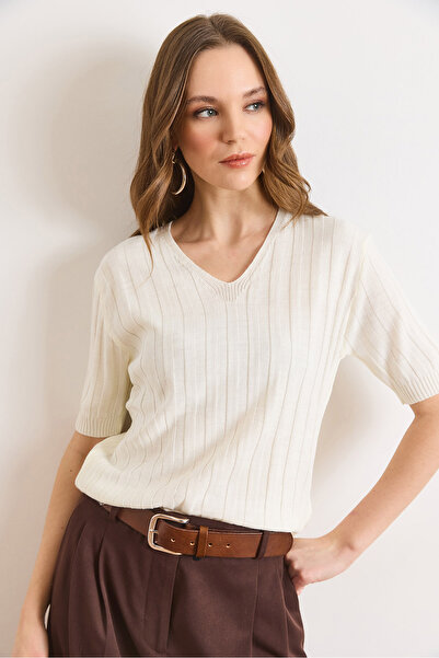 Olalook Bluză tricotată groasă cu decolteu în V, ecru, pentru femei BLZ-19003208