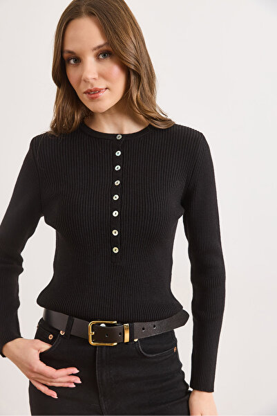 Olalook Women's Black Crew Neck Button Detailed Stretchy Knitwear Blouse Blz-...