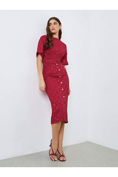 Styli Women Maroon Short Sleeves Sheath Midi Dress