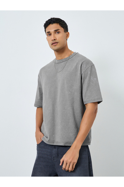 Styli Men Oversized Washed Frayed Hem Rib Terry T-Shirt