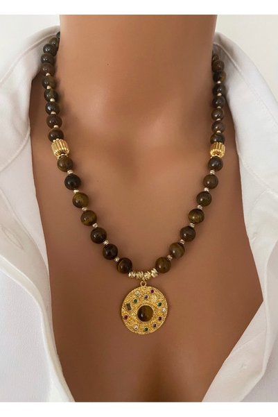 TARZ-I TAKI Natural Stone Brown Tiger's Eye Stone Gold Plated Zircon Stone Special Plate End Design Women's Necklace Steel Link Non-Allergenic Special Gift Boxed