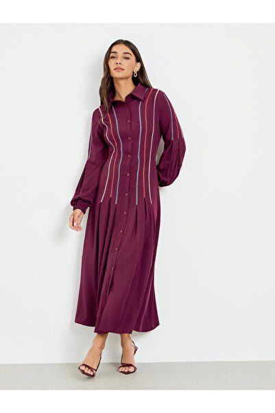 Styli Women Burgundy Fold-Pleated Maxi Dress