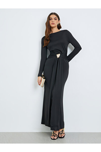 Styli Women Black Maxi Dress with Metal Buckle Detail